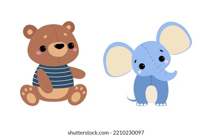 Sewed Teddy Bear and Elephant as Colorful Kids Toy Vector Set