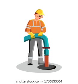 Sewer Cleaning Man Worker Plumbing Service Vector. Professional Plumber In Special Clothes Uniform Holding Canalization Tube And Sewer Cleaning. Character Working Flat Cartoon Illustration