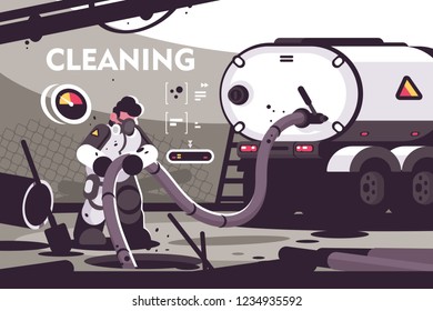 Sewer Cleaning service flat poster. Professional plumber characters in uniform working at sewer manhole with septic truck plumbing serve vector illustration