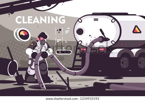 Sewer Cleaning service flat poster.\
Professional plumber characters in uniform working at sewer manhole\
with septic truck plumbing serve vector\
illustration