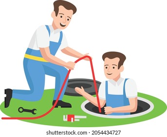 Sewer and Drain Cleaning Crew Concept,  Sewage Fault Vector Icon Design, Plumber equipment Symbol, Handyman Service Works Sign, Sanitary technician Stock illustration