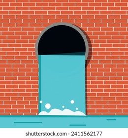 sewer drain on the background of a red brick wall. Pipe in the sewer. Sewage drainage