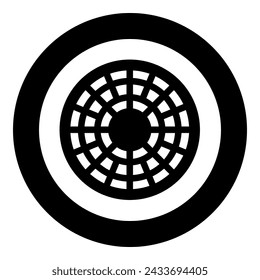 Sewer hatch manhole cover icon in circle round black color vector illustration image solid outline style