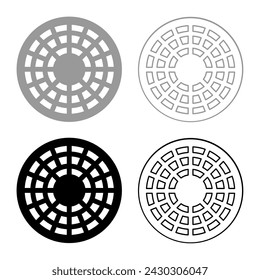 Sewer hatch manhole cover set icon grey black color vector illustration image solid fill outline contour line thin flat style