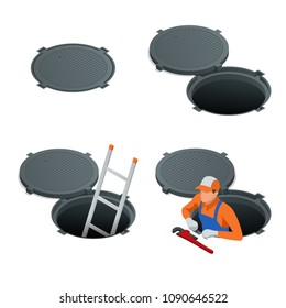 Sewer hatch Open and closed. Manhole cover, road hatch Vector illustration construction under a road. Vector illustration
