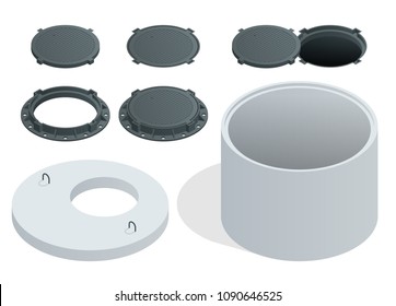 Sewer hatch Open and closed. Manhole cover, road hatch Vector illustration construction under a road. Vector illustration