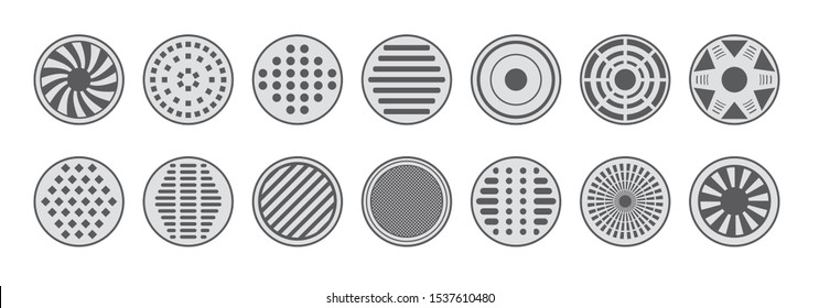Sewer manhole caps icons monochrome set with different patterns and textures. Isolated vector illustration