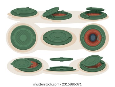 Sewer manhole. Sewage system protection for city round steel forms exact vector pictures set