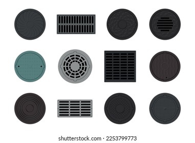 Sewer manholes and plumes set vector flat illustration. Industrial metal urban sewage hygiene protection construction for asphalt road city sidewalk with cap circle rectangle and square shape top view