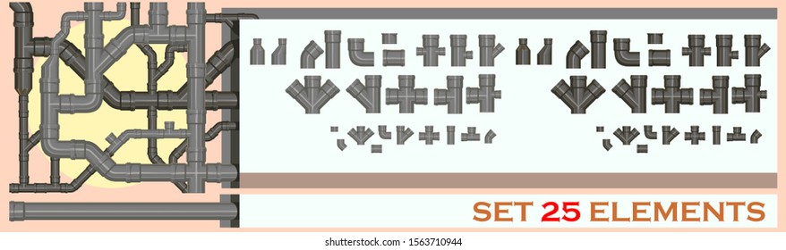 Sewer pipe. Couplings, turns, tees, adapters. Set. Fitting. Plugs and crosses. Sewerage drainage. Connections. Plumbing. Piping system. Draining. A set of elements.
  Collection. Vector. Isolated.