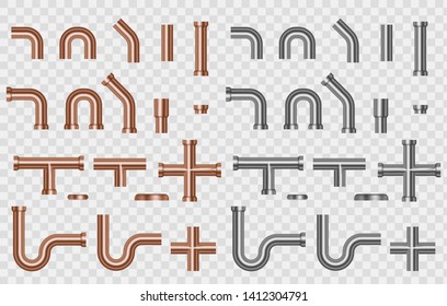 Sewer pipes and fittings. Set isolated on a transparent background. Vector illustration