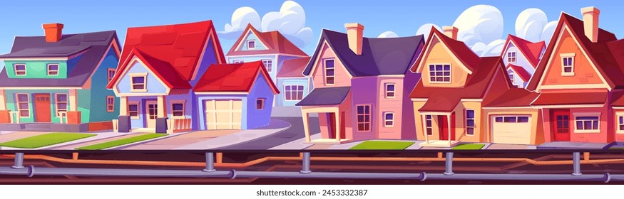 Sewer and plumbing pipes underground in suburban area. Sewerage system and city supply. Cartoon vector illustration of town neighborhood street with engineering drainage and wastewater network.