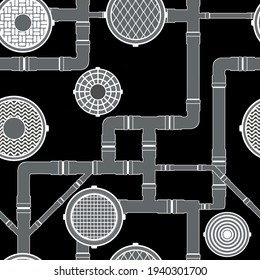 Sewer seamless pattern, pipes and sewers black and white variant