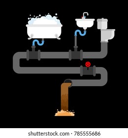 Sewer system in house. Pipes and valves. Sink and toilet bowl. Bath. Sewerage scheme