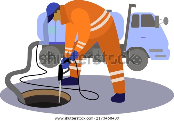 Sewer worker vector illustration, Septic tank\
service, sewer pipe cleaner, and vector graphic illustration. a man\
cleans home septic tank flat vector, sewer system toilet, or septic\
tank