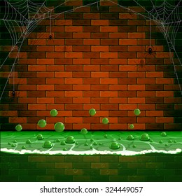 Sewerage background with spiders and spiderweb on a brick wall, illustration.