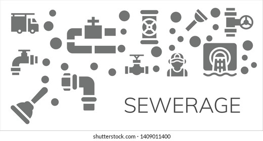 sewerage icon set. 11 filled sewerage icons.  Collection Of - Plumber, Pipe, Plunger, Pipes, Sewer