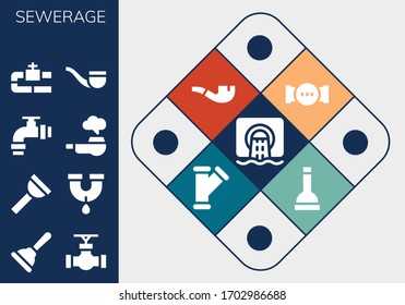 sewerage icon set. 13 filled sewerage icons. Included Sewer, Plunger, Pipe icons