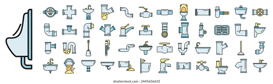 Sewerage icons set outline vector. Water leak. Plumber repair thin line color flat on white