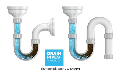 Sewerage siphons clogged with mud and liquid cleaning detergent realistic composition isolated vector illustration