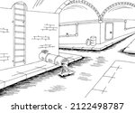 Sewerage tunnel pipe system black white interior sketch illustration vector