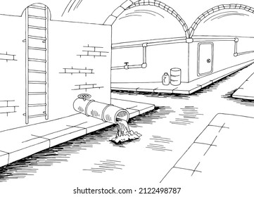 Sewerage tunnel pipe system black white interior sketch illustration vector