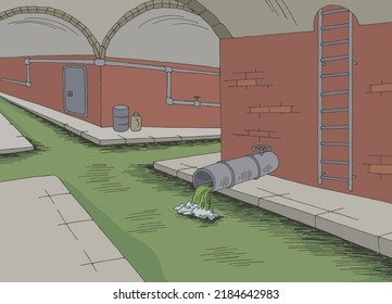 Sewerage tunnel pipe system color interior sketch illustration vector