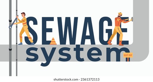 Sewerage water pipe composition with flat text and characters of workers in uniform performing pipes maintenance vector illustration