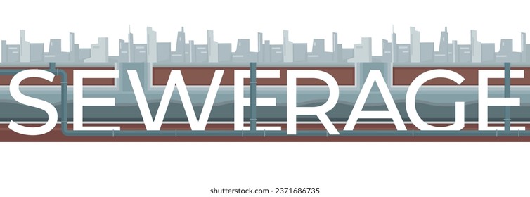 Composición del tubo de agua residual con texto plano y silueta de paisaje urbano con tubos de agua y conexiones ilustración vectorial