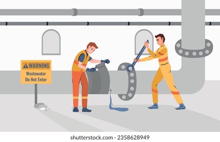 Sewerage water pipe flat composition with view of two male workers in uniform fixing huge pipe vector illustration