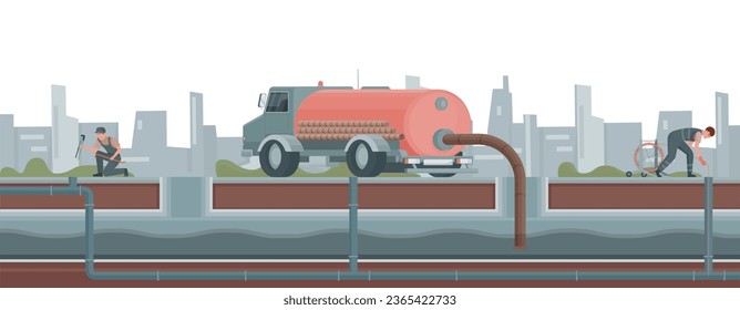 Composición plana de la tubería de agua residual con agua de succión de camiones del depósito subterráneo y caracteres de la ilustración de los vectores de los trabajadores