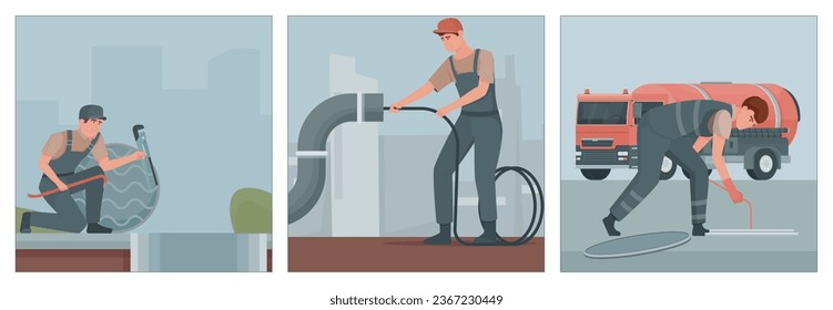 Sewerage water pipe flat set of three square compositions with characters of workers performing plumbing works vector illustration