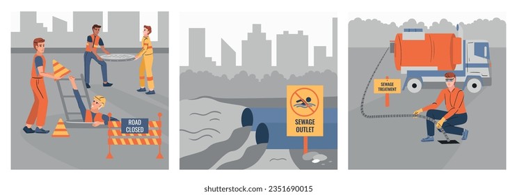 Sewerage water pipe set of three compositions of flat workers characters with equipment and cityscape background vector illustration