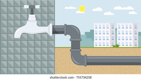 sewerage water system with water tap flat design 