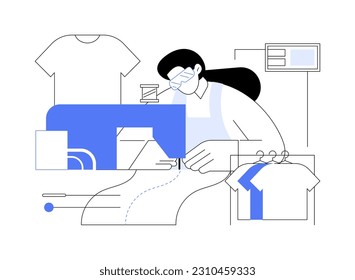 Sewing abstract concept vector illustration. Seamstress sewing clothes using machine at factory, apparel production, light industry, garment manufacturing, dressmaking process abstract metaphor.