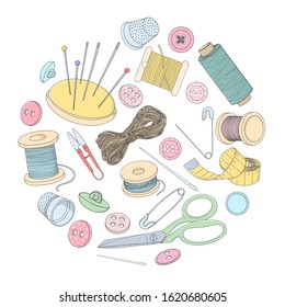 Sewing accessories are arranged in a circle. Spools of thread, buttons and sewing needles, pins. Colorful vector illustration in sketch style.