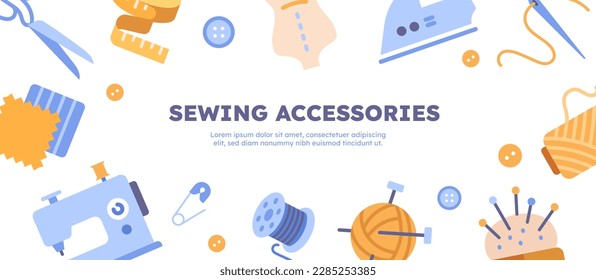 Sewing accessories banner. Measuring tape, needle and thread and sewing machine. Needlework, handicraft and creativity. Fashion, trend and style. Cartoon flat vector illustration