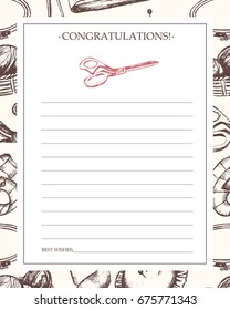 Sewing Accessories - black and white vector hand drawn template card. Realistic thread spool, holder, sewing machine, silk band, knitting needle, tape-line, tambour, basket of wool, scissors, button
