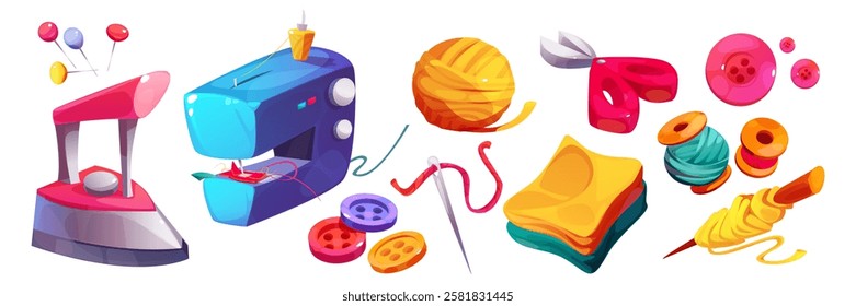 Sewing accessories cartoon collection - electric iron and pins, blue machine, yarn ball and plastic colorful buttons, needle and thread spools, folded fabric, scissors. Textile crafting equipment.