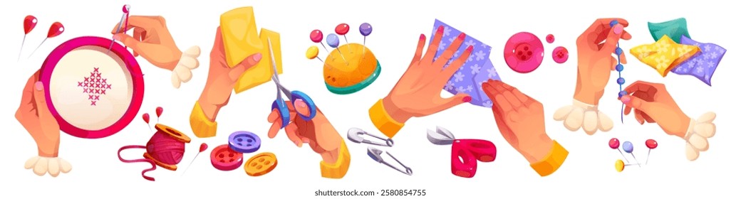 Sewing accessories cartoon - process of female hands working with embroidery hoop, scissors cutting fabric, buttons and safety pins, folded cloth pieces, threading beads for handmade hobby crafts.