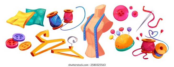 Sewing accessories cartoon set - colorful thread spools, fabric pieces, mannequin with measuring tape, wooden hangers, pin cushion with needles, plastic buttons for dressmaking craft supplies.