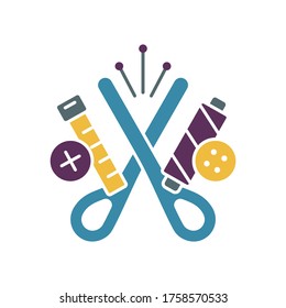 Sewing accessories, color silhouette emblem. Scissors, tailor centimeter, threads, buttons, pins. Graphic illustration for needlework shop. Outline handmade icon. Flat vector logo on white background