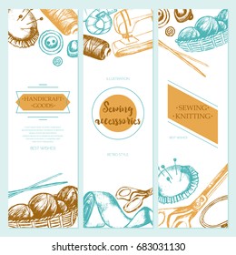 Sewing Accessories - color vector drawn template banner with copy space. Realistic thread spool, holder, sewing machine, silk band, knitting needle, tape-line, tambour, basket of wool and scissors
