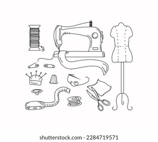 Estilo de doodle de accesorios de coser. Fabricado a mano, con elementos de una máquina de coser, hilos, agujas, maniquí, tijeras, boceto, dibujo. 
 Mannequina de sastre. Ilustración vectorial.	