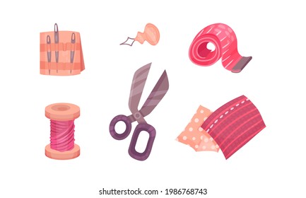 Sewing Accessories and Fittings with Measuring Tape and Scissors Vector Set