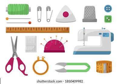 Sewing accessories flat icon set. Embroidery, tailoring, dressmaking equipment. Seamstress tools. Threads, machine, scissors, pins, tape measure. Vector cartoon illustration isolated on white.