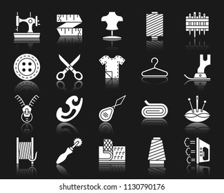 Sewing accessories glyph icons set. Isolated sign kit of fashion. Embroidery pictogram collection includes measuring tape, dummy, thread. Simple sewing symbol with reflection. White vector icon shape