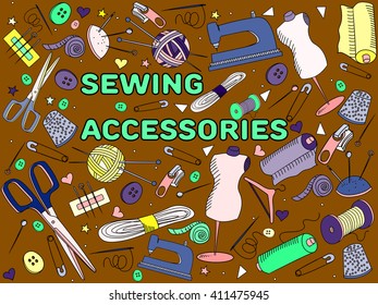 Sewing accessories line art design vector illustration. Implement separate objects. Hand drawn doodle design elements.