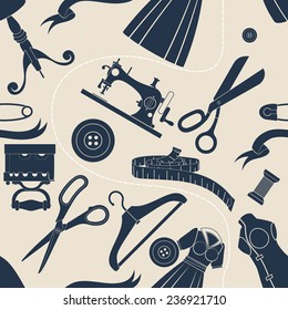 sewing accessories on beige background Seamless background