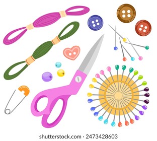 Sewing accessories and repair tools. Skeins of thread, embroidery floss, safety pins, buttons. Flat vector illustration of handicraft supplies isolated on white